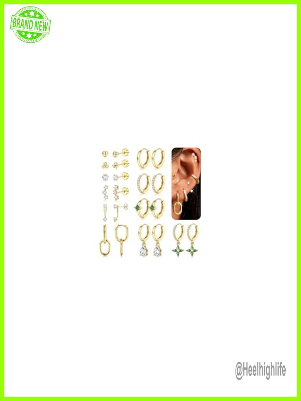 14K Gold Plated Stainless Steel Hoop Stud Earrings 11 Pair Set Hypoallergenic
